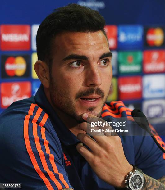 Goalkeeper Roberto attends a Olympiacos FC press conference ahead of their UEFA Champions League Group F match against Bayern Muenchen at Karaiskakis...