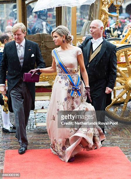 King Willem-Alexander of The Netherlands and Queen Maxima of The Netherlands arrive for the opening of the parliamentary year on September 15, 2015...