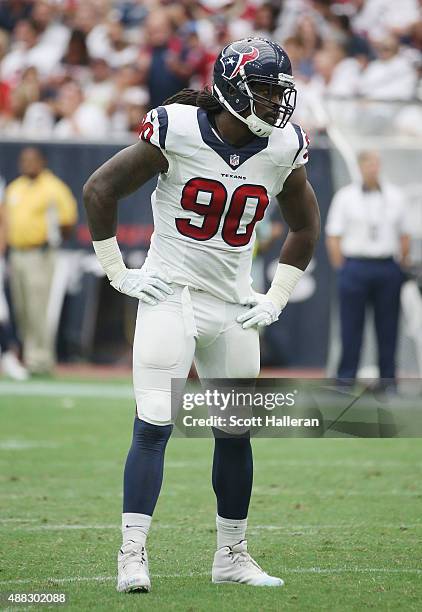 Jadeveon Clowney of the Houston Texans waits on the field during their game against the Kansas City Chiefs at NRG Stadium on September 13, 2015 in...