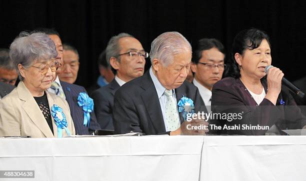 Former abductee by North Korea Hitomi Soga addresses during a meeting on September 13, 2015 in Tokyo, Japan. Families of Japanese citizens abducted...
