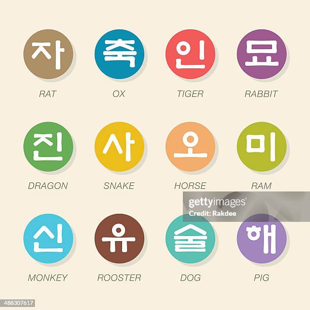 korean zodiac characters icons - color circle series - korean language stock illustrations