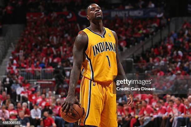 Lance Stephenson of the Indiana Pacers stands on the court against the Atlanta Hawks during Game Six of the Eastern Conference Quarterfinals on May...