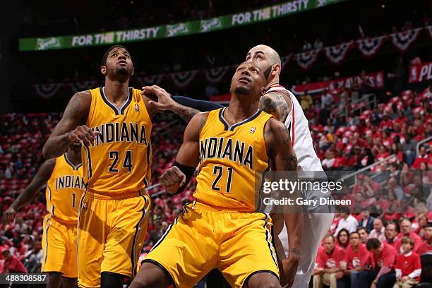 David West of the Indiana Pacers boxes out against the Atlanta Hawks during Game Six of the Eastern Conference Quarterfinals on May 1, 2014 at...