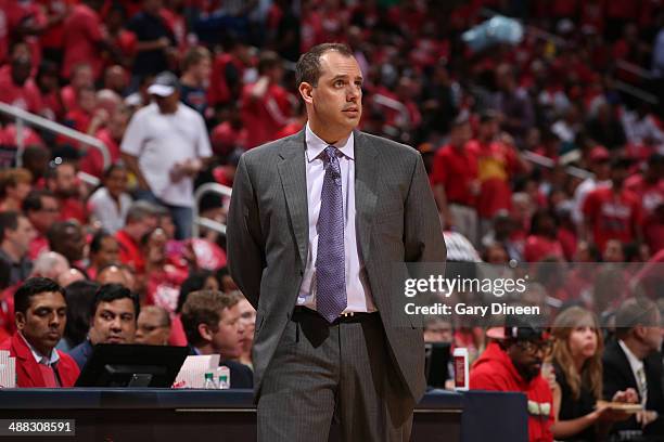 Frank Vogel of the Indiana Pacers coaches against the Atlanta Hawks during Game Six of the Eastern Conference Quarterfinals on May 1, 2014 at Philips...