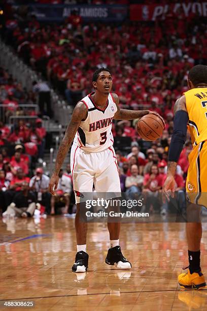 Louis Williams of the Atlanta Hawks handles the ball against the Indiana Pacers during Game Six of the Eastern Conference Quarterfinals on May 1,...