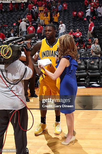 Lance Stephenson of the Indiana Pacers talks to the media after Game Six of the Eastern Conference Quarterfinals against the Atlanta Hawks on May 1,...