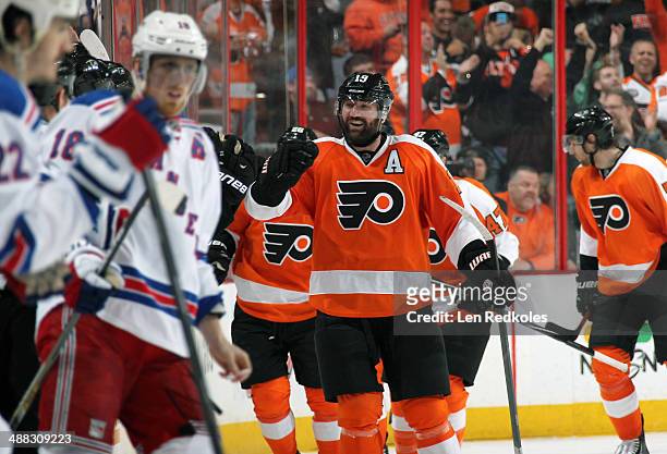 Scott Hartnell of the Philadelphia Flyers celebrates Erik Gustafasson second period goal against the New York Rangers in Game Six of the First Round...