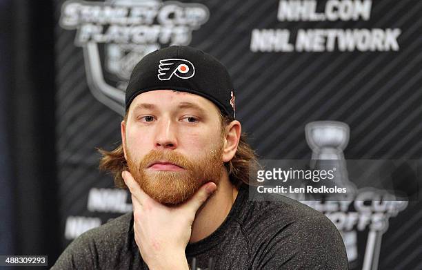 Claude Giroux of the Philadelphia Flyers speaks to the media after defeating the New York Rangers 5-2 in Game Six of the First Round of the 2014...