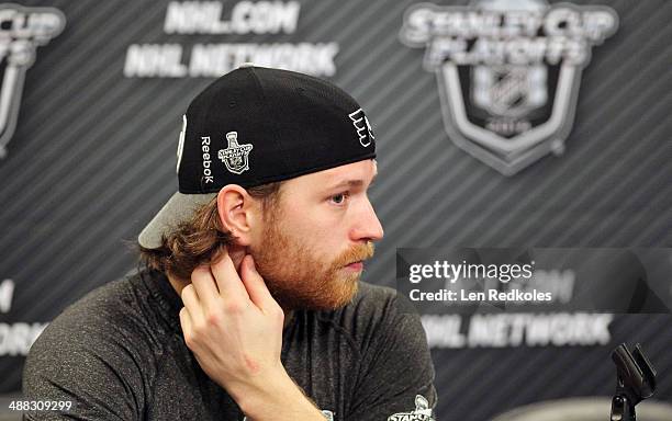 Claude Giroux of the Philadelphia Flyers speaks to the media after defeating the New York Rangers 5-2 in Game Six of the First Round of the 2014...