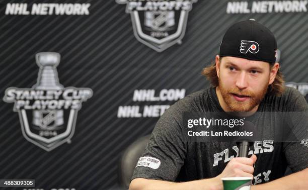 Claude Giroux of the Philadelphia Flyers speaks to the media after defeating the New York Rangers 5-2 in Game Six of the First Round of the 2014...