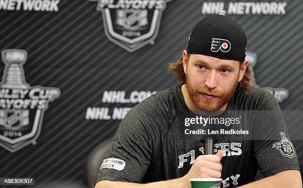 Claude Giroux of the Philadelphia Flyers speaks to the media after defeating the New York Rangers 5-2 in Game Six of the First Round of the 2014...