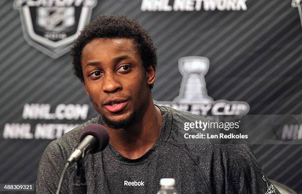 Wayne Simmonds of the Philadelphia Flyers speaks to the media after scoring a hat-trick while defeating the New York Rangers 5-2 in Game Six of the...