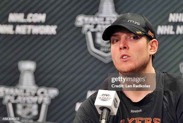 Steve Mason of the Philadelphia Flyers speaks to the media after defeating the New York Rangers 5-2 in Game Six of the First Round of the 2014...