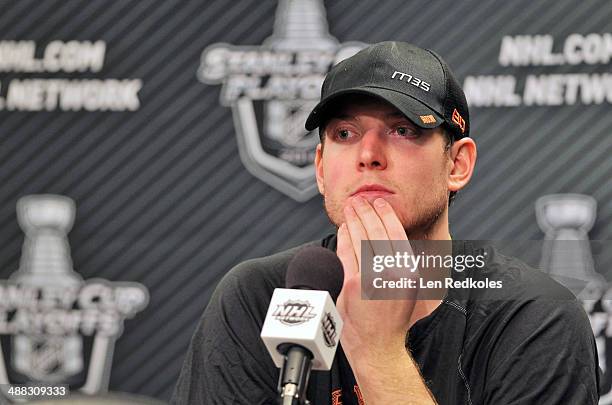 Steve Mason of the Philadelphia Flyers speaks to the media after defeating the New York Rangers 5-2 in Game Six of the First Round of the 2014...
