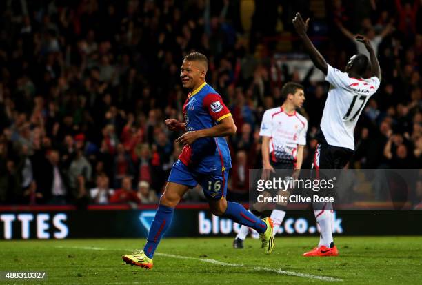 Dwight Gayle of Crystal Palace celebrates after scoring his team's third goal to level the scores at 3-3 during the Barclays Premier League match...