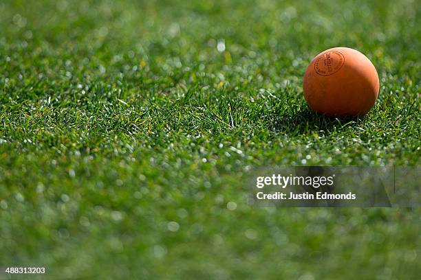 Detail of a Brine lacrosse ball during a game between the Denver Outlaws and Ohio Machine at Sports Authority Field at Mile High on May 4, 2014 in...