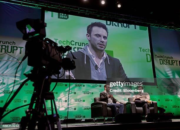 Brendan Iribe, chief executive officer of Oculus VR Inc., left, speaks during the TechCrunch Disrupt NYC 2014 conference in New York, U.S., on...