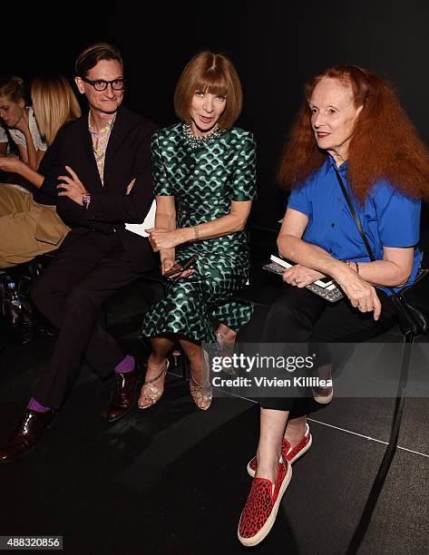 Hamish Bowles, Anna Wintour, and Grace Coddington attend Vera Wang Spring 2016 during New York Fashion Week at Cedar Lake on September 15, 2015 in...