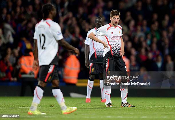 Dejected Steven Gerrard of Liverpool reacts following his team's 3-3 draw during the Barclays Premier League match between Crystal Palace and...