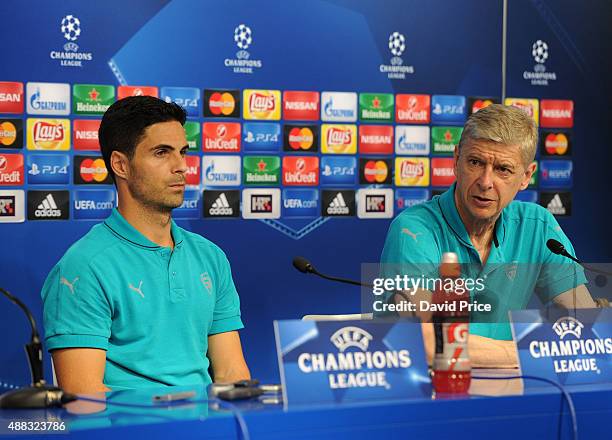 Arsene Wenger the Arsenal Manager and Mikel Arteta during the press conference at Maksimir Stadium ahead of their UEFA Champions League match against...