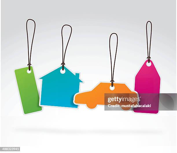 stockillustraties, clipart, cartoons en iconen met colourful property labels - keyring charm