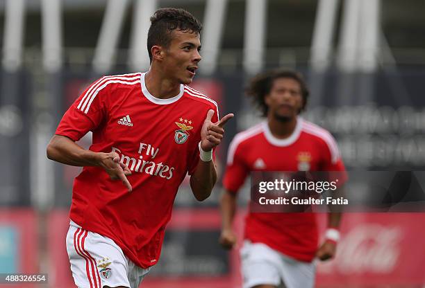Benfica's forward Diogo Goncalves celebrates after scoring a goal during the UEFA Youth League match between SL Benfica and FC Astana at Caixa...