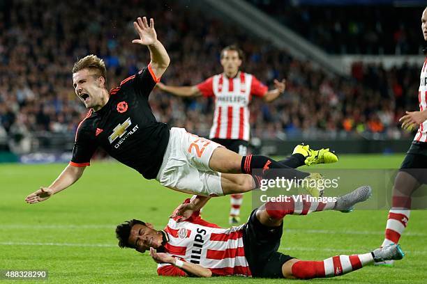 Hector Moreno of PSV Eindhoven, Luke Shaw of Manchester United during the UEFA Champions League group B match between PSV Eindhoven and Manchester...