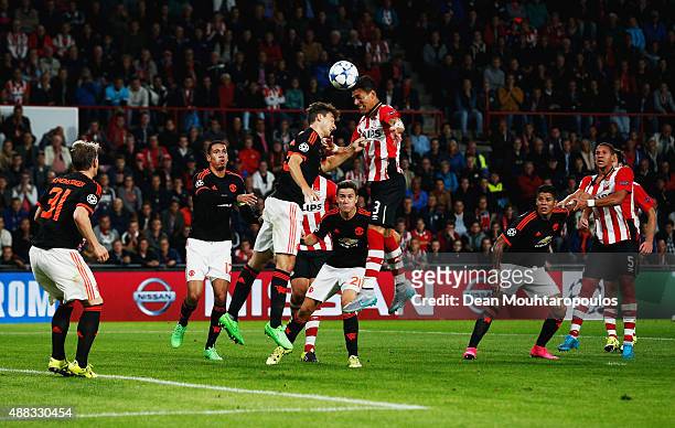 Hector Moreno of PSV Eindhoven scores their first and equalising goal during the UEFA Champions League Group B match between PSV Eindhoven and...