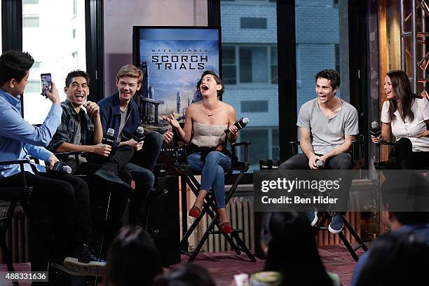 Ki Hong Lee, Alexander Flores, Thomas Brodie-Sangster, Rosa Salazar, Dylan O'Brien and Kaya Scodelario attend AOL BUILD Speaker Series: "Maze Runner:...