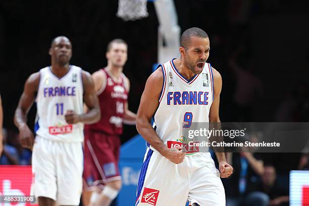 Tony Parker of France reacts to a play during the EuroBasket Quarter Final game between France v Latvia at Stade Pierre Mauroy on September 15, 2015...