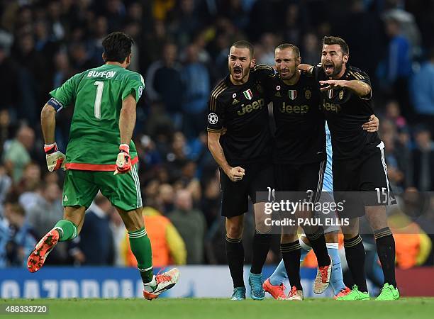 Juventus' goalkeeper from Italy Gianluigi Buffon, Juventus' defender from Italy Leonardo Bonucci, Juventus' defender from Italy Giorgio Chiellini and...