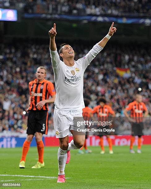 Cristiano Ronaldo of Real Madrid celebrates after scoring Real's 3rd goal from the penalty spot during the UEFA Champions League Group A match...