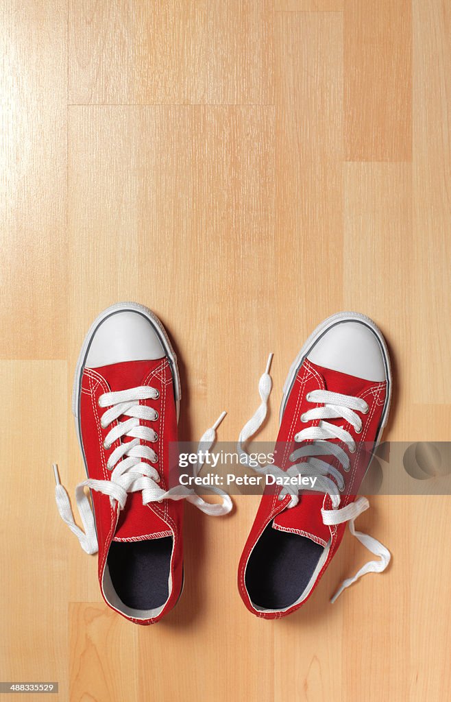 Trainers on wooden floor