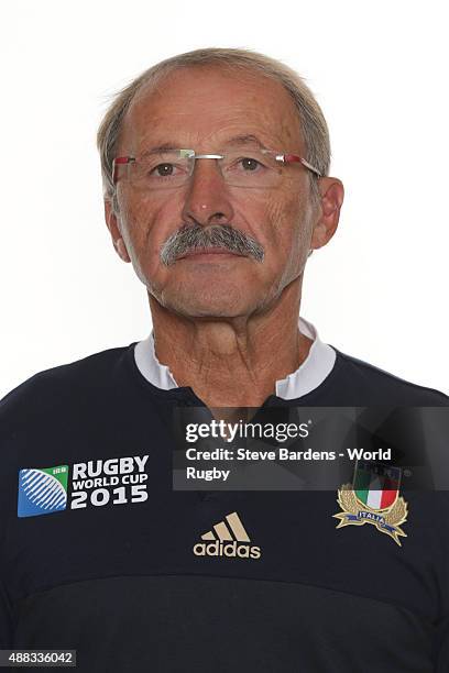 Head coach Jacques Brunel of Italy poses during the Italy Rugby World Cup 2015 squad photo call at the Radisson Blu on September 15, 2015 in...