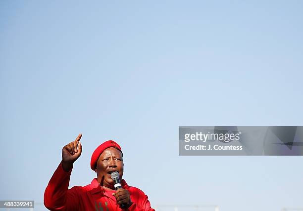 Commander and chief of the Economic Freedom Fighters and South African presidential candidate Julius Malema addresses supporters at an Economic...