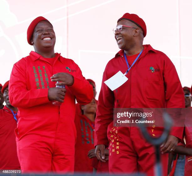 Commander and chief of the Economic Freedom Fighters and South African presidential candidate Julius Malema and Peoples Advocate Dali Mpofu attend an...