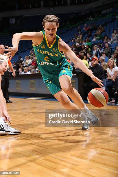 Jennifer Screen of the Australian Opals drives to the basket against the Minnesota Lynx during the WNBA pre-season game on May 5, 2014 at Target...