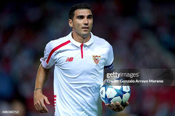 Jose Antonio Reyes of Sevilla FC holds the ball during the UEFA Champions League Group D match between Sevilla FC and VfL Borussia Monchengladbach at...