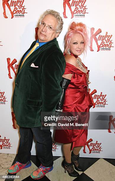 Harvey Fierstein and Cyndi Lauper attend the Kinky Boots after party on opening night at The Grand Connaught Rooms on September 15, 2015 in London,...