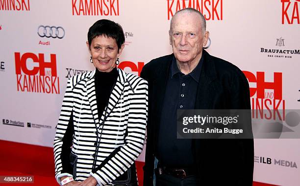 Wolfgang Kohlhaase and Emoeke Poestenyia ttend the Berlin premiere of the film 'Ich und Kaminski' at Delphi on September 15, 2015 in Berlin, Germany.