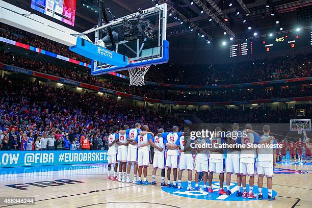 The French team before the EuroBasket Quarter Final game between France v Latvia at Stade Pierre Mauroy on September 15, 2015 in Villeneuve d'Ascq,...