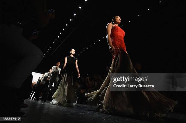 Models walk the runway at Carmen Marc Valvo seen around Skylight at Moynihan Station during Spring 2016 New York Fashion Week: The Shows on September...