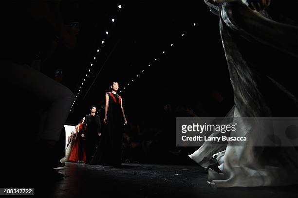 Models walk the runway at Carmen Marc Valvo seen around Skylight at Moynihan Station during Spring 2016 New York Fashion Week: The Shows on September...