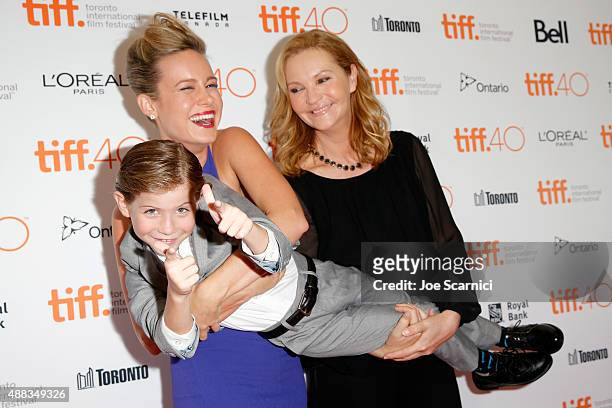 Actors Jacob Tremblay, Brie Larson and Joan Allen attend the "Room" premiere during the 2015 Toronto International Film Festival at the Princess of...
