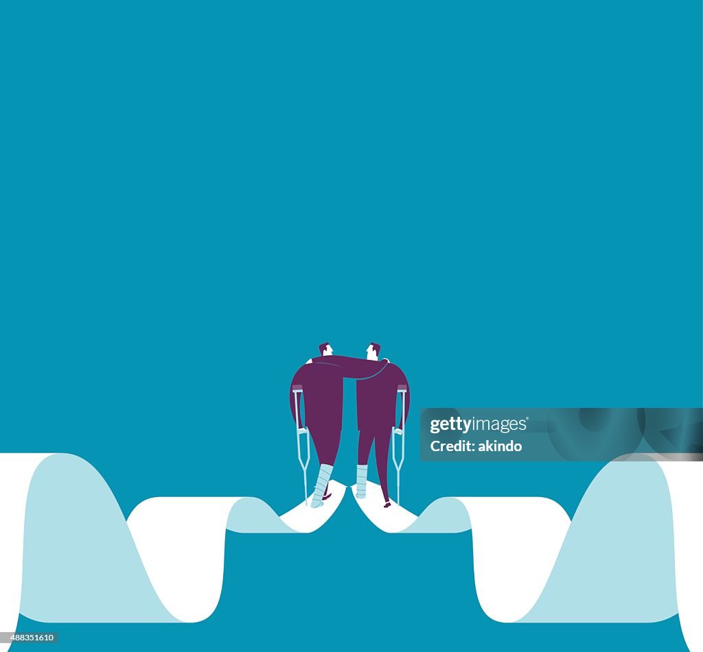 Two fracture businessmen help each other keep going on arrow