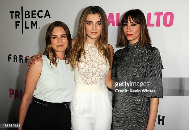 Actresses Nathalie Love and Zoe Levin and writer/director Gia Coppola attend the premiere of Tribeca Film's "Palo Alto" at the Directors Guild of...