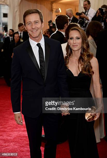 Edward Norton and Shauna Robertson attend the "Charles James: Beyond Fashion" Costume Institute Gala at the Metropolitan Museum of Art on May 5, 2014...