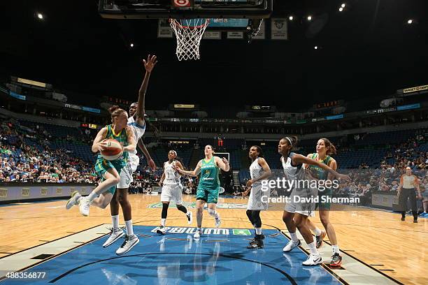 Natalie Hurst of the Australian Opals looks to pass against the Minnesota Lynx during the WNBA pre-season game on May 5, 2014 at Target Center in...