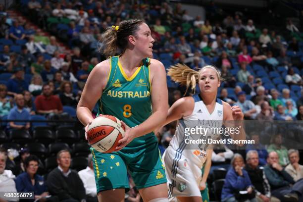 Gabrielle Richards of the Australian Opals looks to pass against the Minnesota Lynx during the WNBA pre-season game on May 5, 2014 at Target Center...