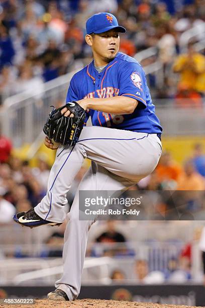 Daisuke Matsuzaka of the New York Mets delivers a pitch during the eighth inning of the game against the Miami Marlins at Marlins Park on May 05,...